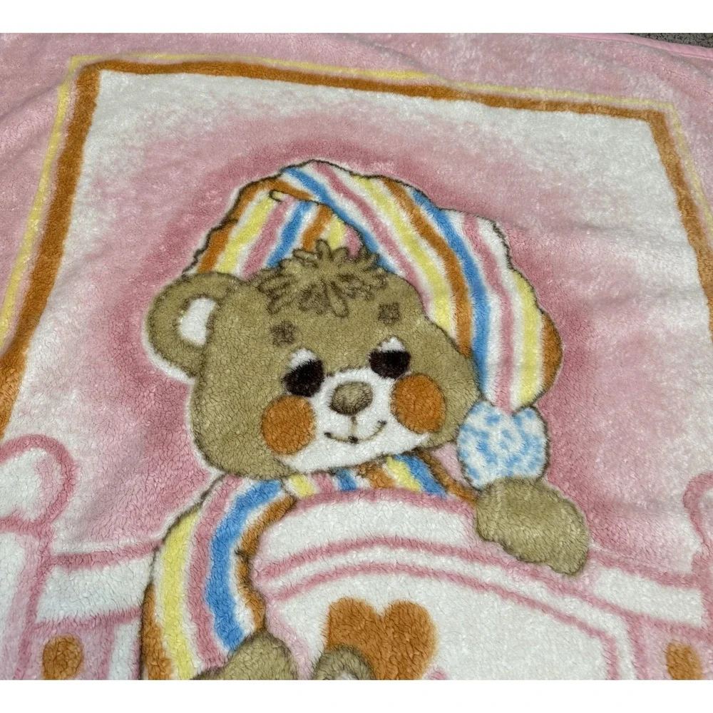Sleepy Teddy Bear Baby Crib Blanket Pink Acrylic Plush Sherpa Nursery‎ Toddler